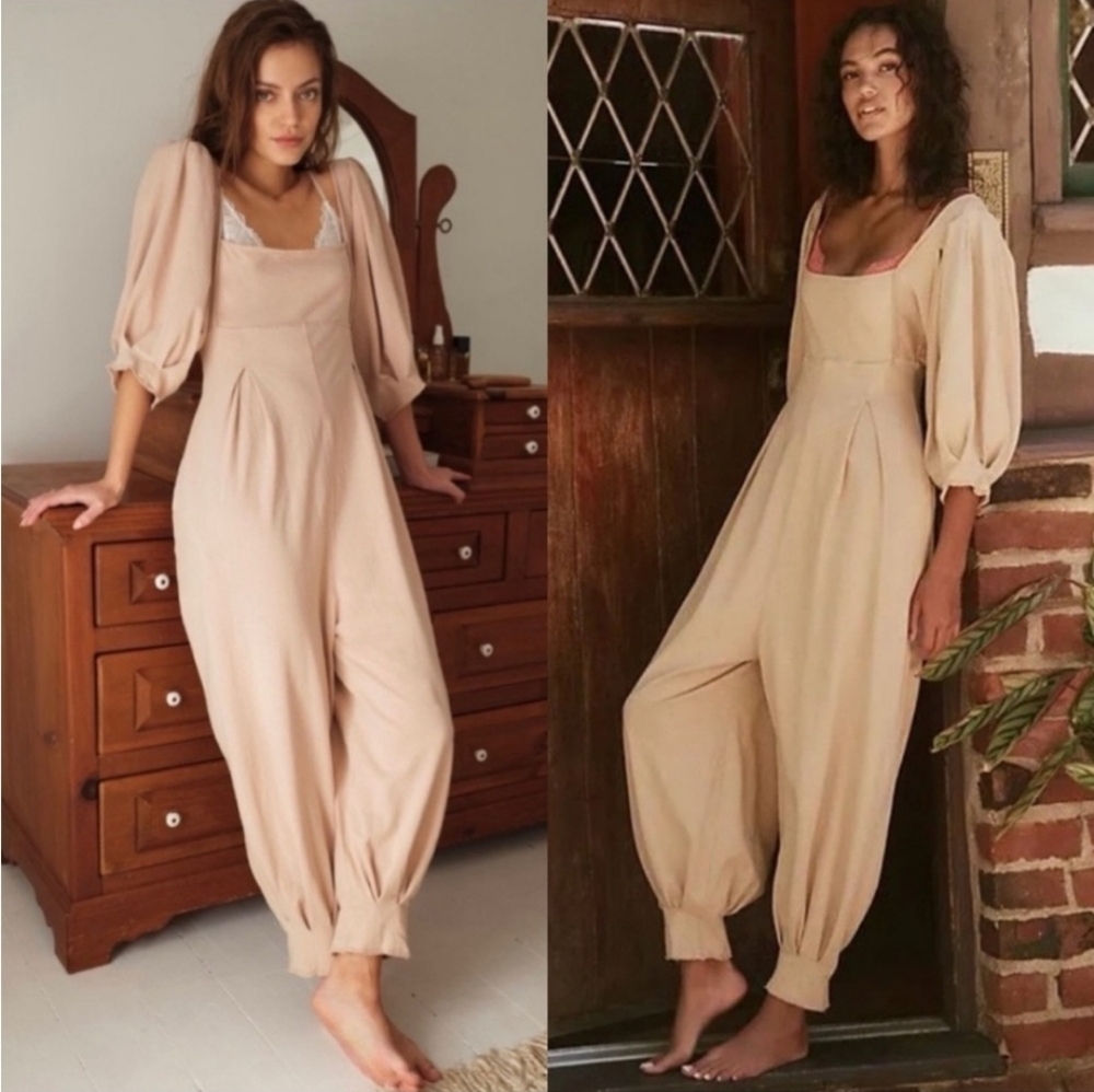 Free People Beige Jumpsuit‎ with Puff Sleeves